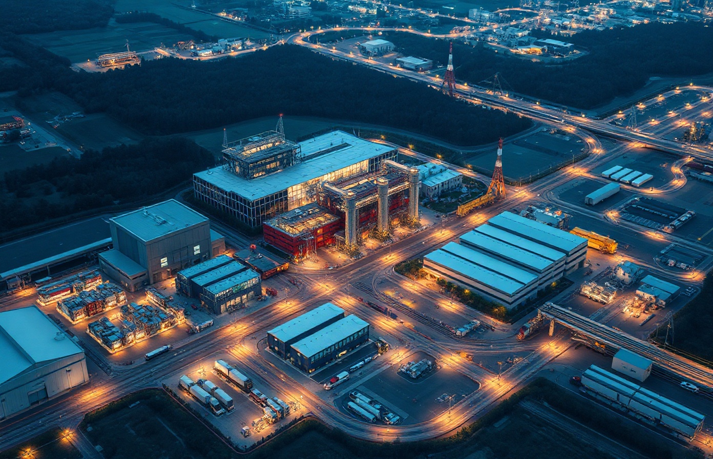 Premium industrial ecosystem visualization showing manufacturing, education, research, logistics, infrastructure and international cooperation as integrated interconnected system