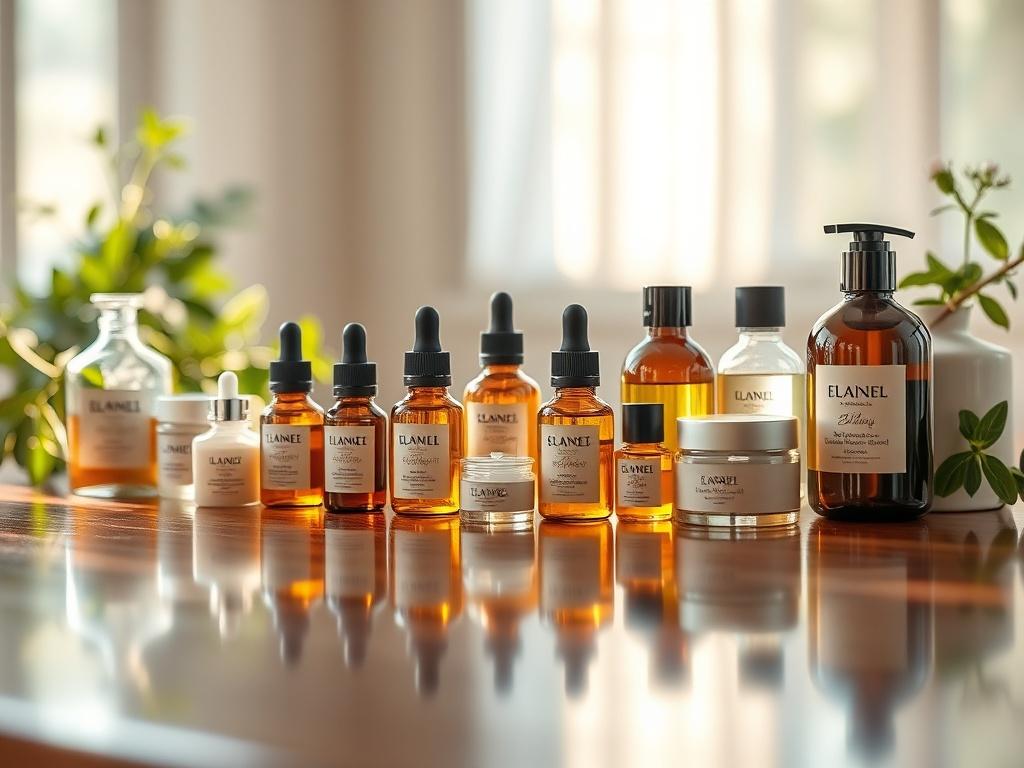 A high-resolution image showcasing a serene aromatherapy setup. The composition features a beautifully arranged display of essential oils, balms, and massage oils on a polished wooden table. Soft, warm lighting highlights the luminous surfaces of the glass bottles. In the background, gentle greenery adds a natural touch, creating a calming atmosphere. The scene conveys tranquility and wellness, inviting viewers to explore the benefits of aromatherapy.