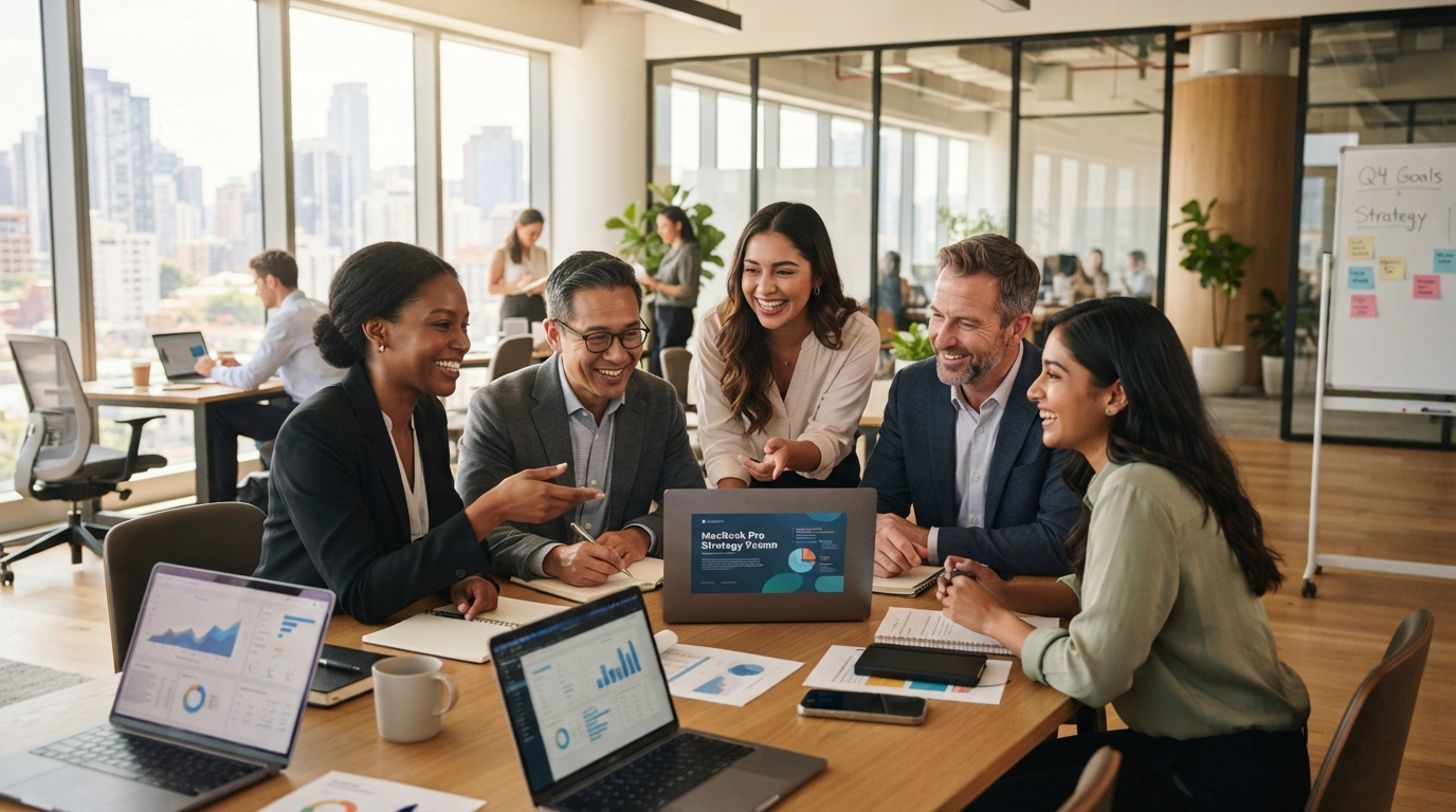 Professional team collaborating in modern office