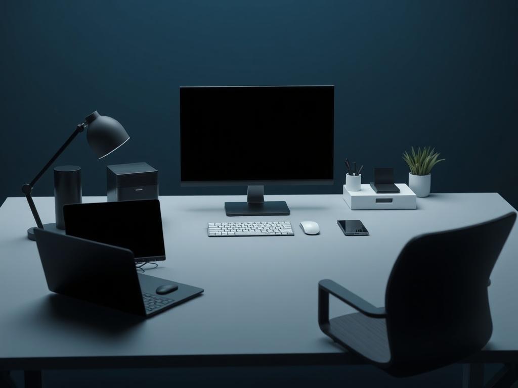 A hyper-realistic close-up shot of a clean, minimalist workspace featuring abstract minimal tech visuals. The background should be a deep navy/midnight blue with subtle gradients transitioning to charcoal. The composition should focus on a single, modern desk with sleek tech devices, conveying a calm and structured atmosphere. Strong lighting should highlight the clean lines and modern design elements, avoiding any clutter or generic business imagery.