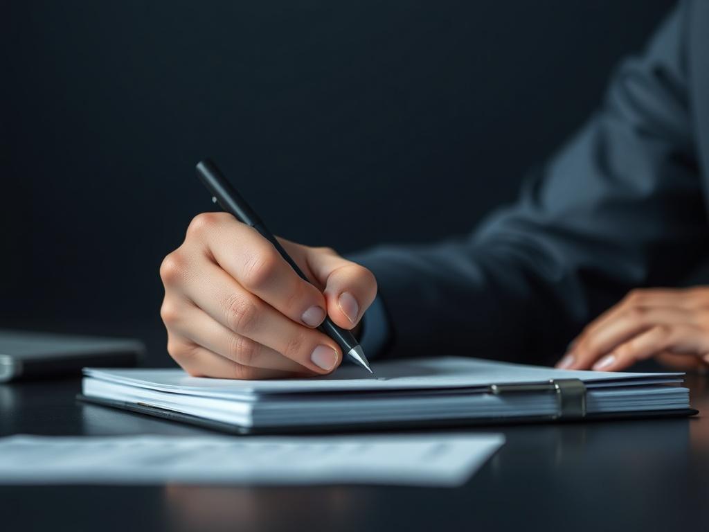 A high-resolution close-up of a professional hand writing on a notepad during a virtual meeting, symbolizing executive engagement. The scene should incorporate muted slate blue and soft grey tones, with a dark gradient background from navy to charcoal.