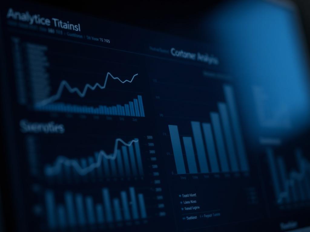 A minimalist composition showcasing a close-up of a digital analytics dashboard with graphs and charts in dark navy and charcoal tones, symbolizing market analysis and customer profiling. The background should be a subtle gradient from deep midnight blue to charcoal, with no text or abstract shapes.