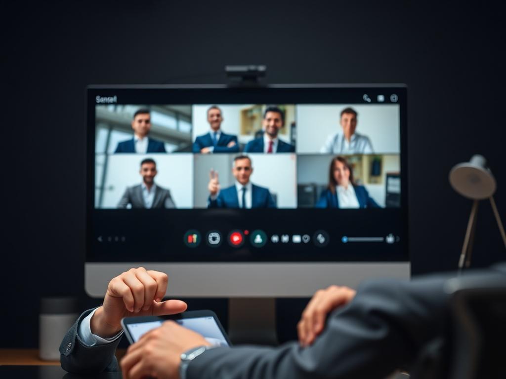 A confident business leader participating in a video call with industry executives, set against a sophisticated dark backdrop. The composition highlights the importance of personalized communication in outreach efforts.