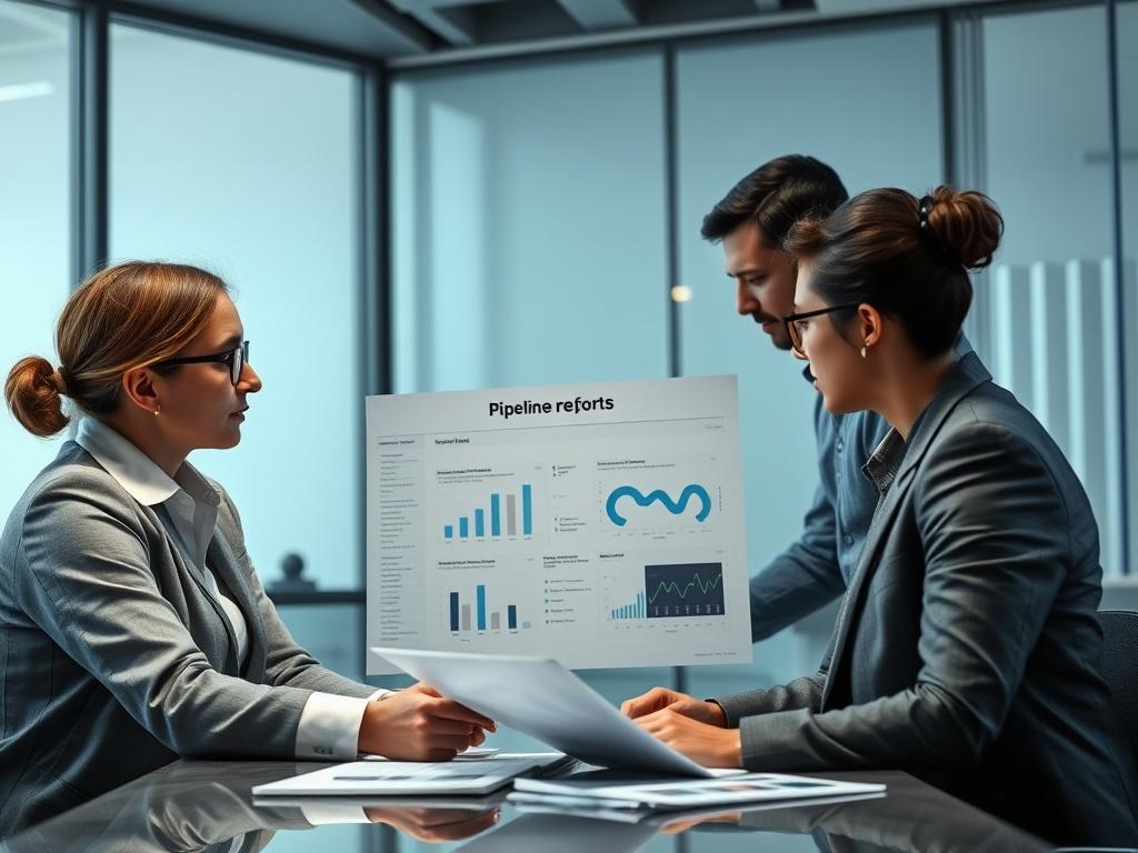 A professional team reviewing a structured pipeline report in a modern office, illuminated by soft grey lighting. The focus is on the collaborative atmosphere and the clarity of the pipeline data, emphasizing the systematic approach to pipeline delivery.