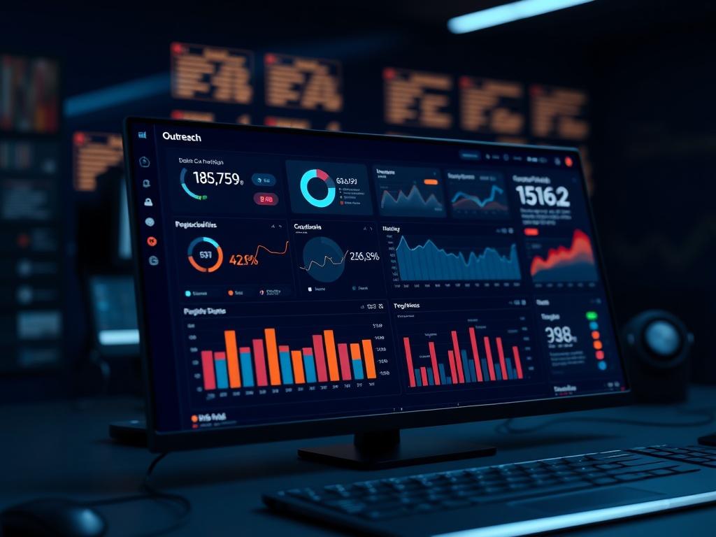 A technical workspace showcasing a digital dashboard with outreach metrics, in a calming dark navy environment. The focus is on the dashboard's sleek design, emphasizing data-driven decision-making and structured outreach strategies.