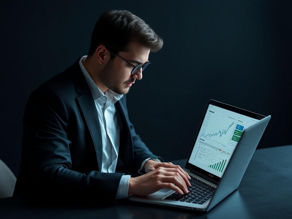 A focused business professional analyzing market data on a sleek laptop, set against a dark navy backdrop with subtle gradient accents. The composition is minimalist, highlighting the individual and their tech-focused environment, embodying a calm and strategic aesthetic.