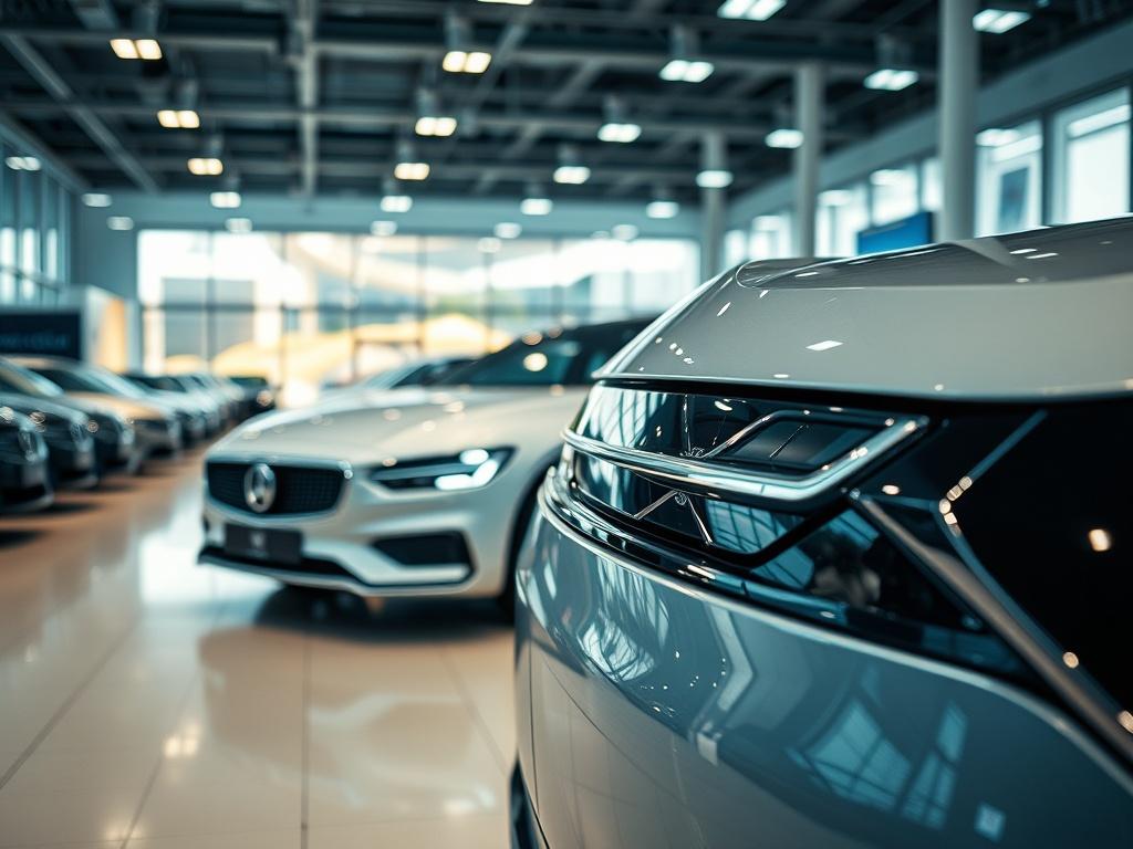 A realistic high-resolution photo of a car dealership showroom, showcasing a variety of cars on display. The composition should focus on a sleek and modern vehicle with a shiny exterior, prominently positioned in the foreground. The background should feature well-organized rows of other cars and an inviting atmosphere with bright lighting. The setting should convey a sense of professionalism and innovation, appealing to potential customers looking to purchase a vehicle.