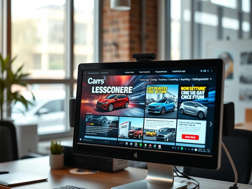 A high-resolution image of a digital ad campaign on a computer screen, showcasing a car dealership's advertisements. The screen is vibrant with engaging graphics and clear calls to action. The background is an office setting, emphasizing a professional and creative workspace.