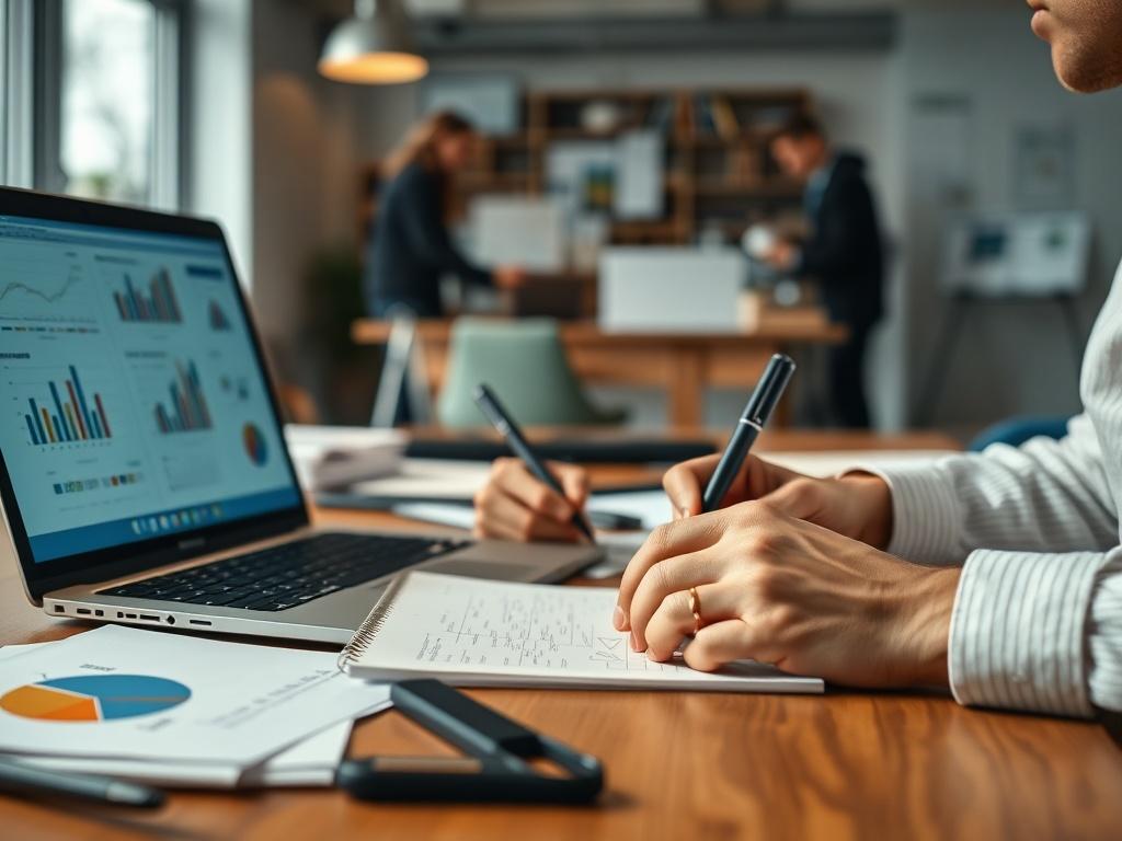 A close-up shot of a marketing professional brainstorming on a notepad with a laptop open in front of them. The desk is cluttered with marketing materials and graphs. The background shows a collaborative workspace.