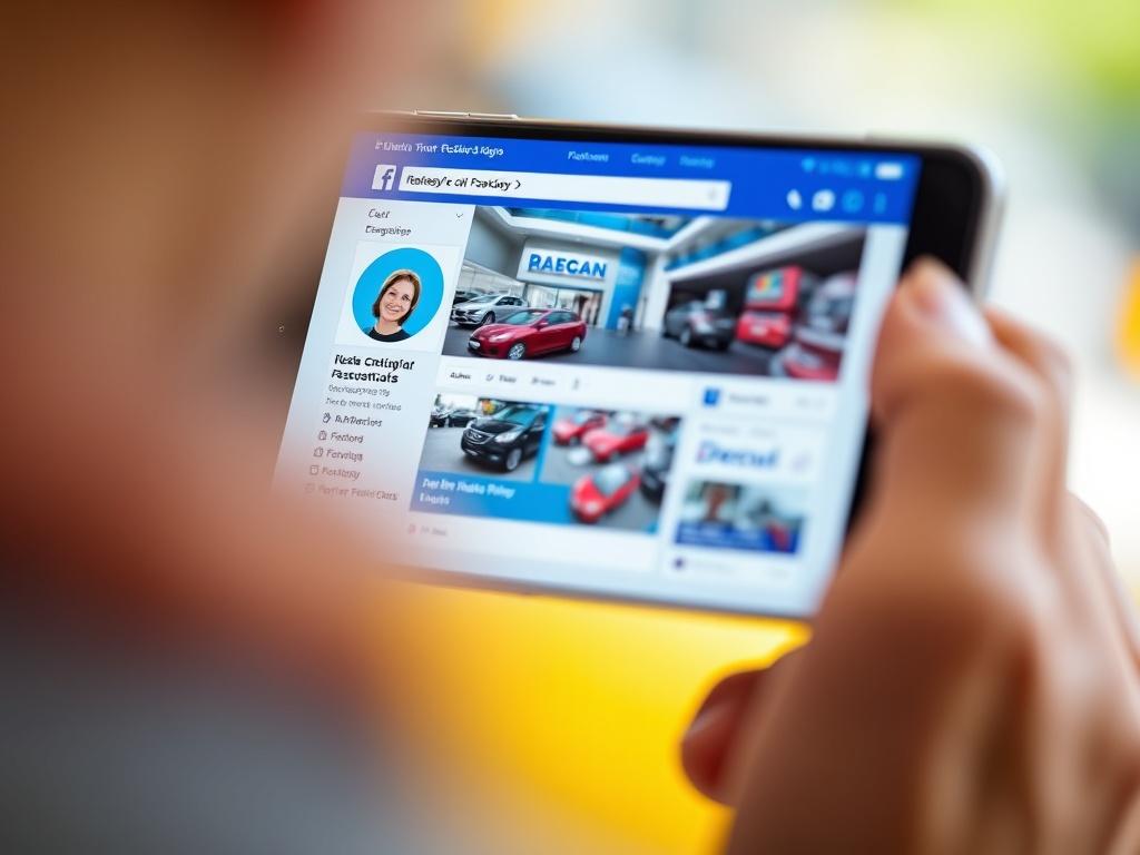 A close-up shot of a car dealership's Facebook page displayed on a smartphone, with vibrant colors and engaging content visible. The background is blurred to focus on the phone, showcasing a user interacting with the page. The scene is bright and inviting, emphasizing engagement and social media interaction.