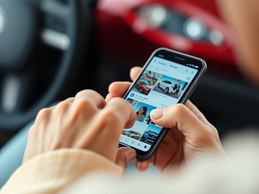 A close-up of a person using a smartphone, engaged in a lively discussion on a car dealership's social media page. The screen displays colorful posts and comments, creating an inviting atmosphere. The background is slightly blurred to focus on the engagement happening on the phone.
