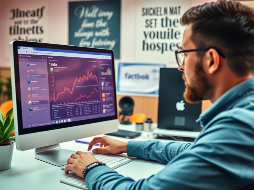 A close-up shot of a social media manager analyzing data on a computer screen, showing Facebook insights. The setting is vibrant and energetic, with motivational quotes on the wall.