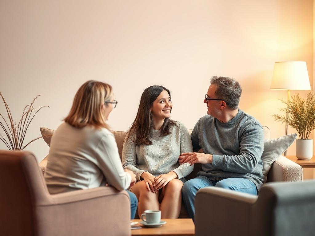 A warm and inviting couples counseling session in a softly