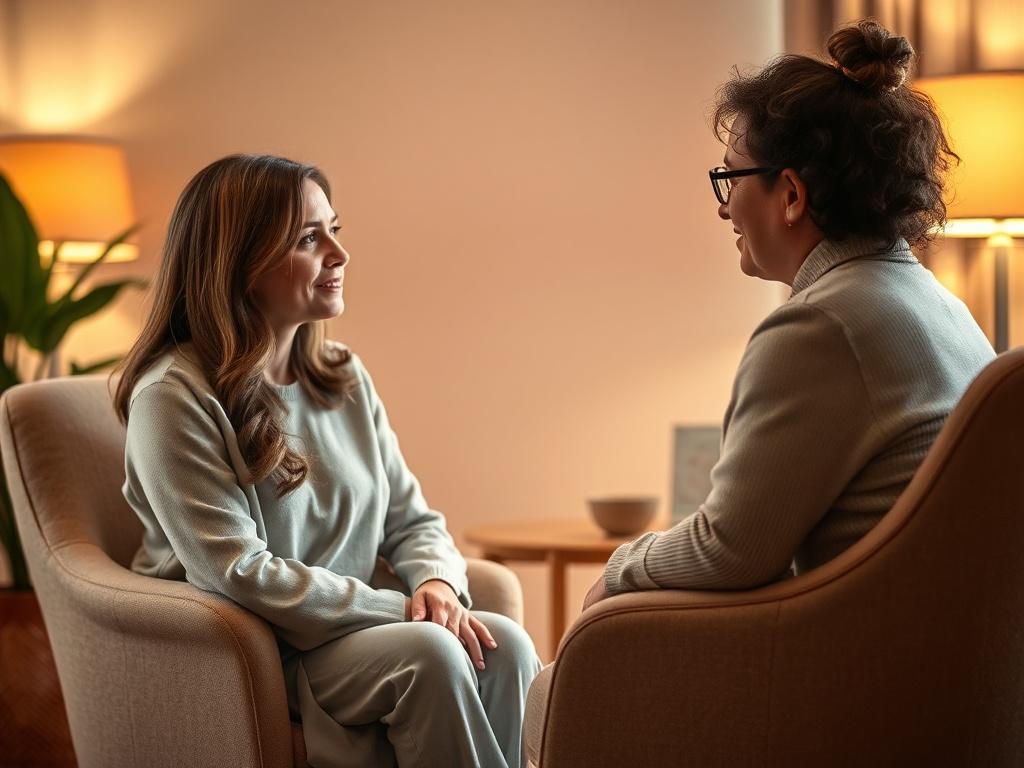 A serene counseling session in a softly lit room, featuring