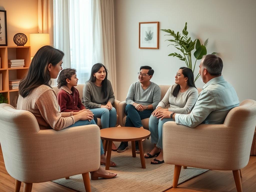 A heartwarming family therapy session in a cozy room, featuring