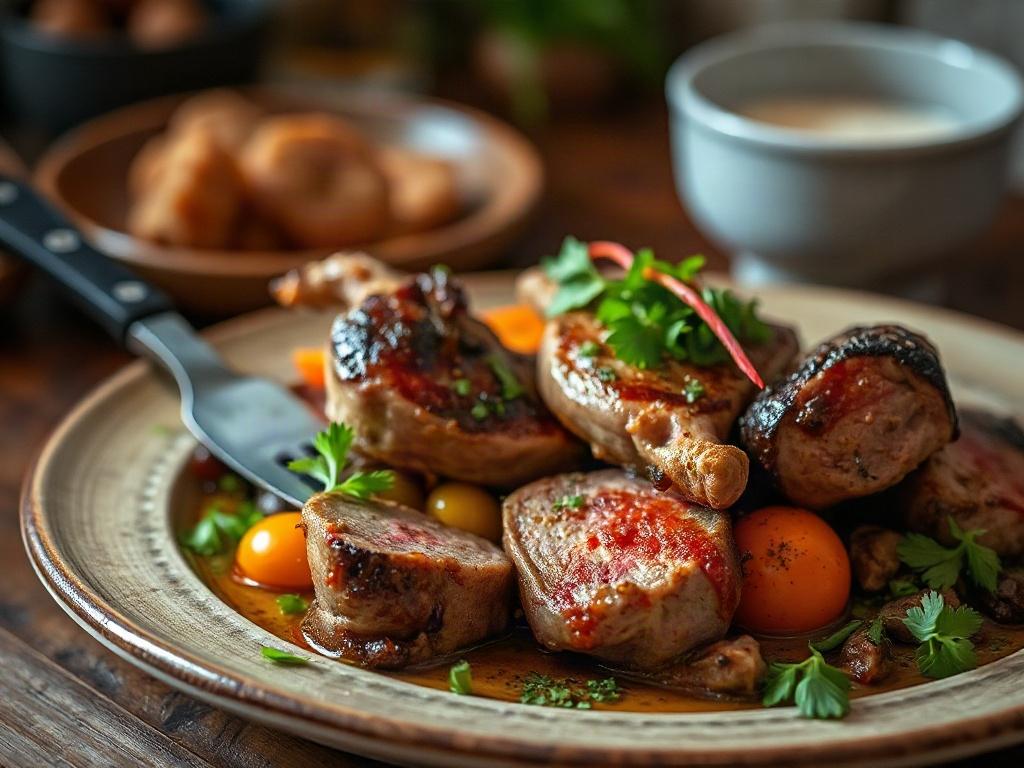 A beautifully plated dish featuring wild game meat, garnished with fresh herbs and vibrant vegetables. The setting is rustic and inviting, reflecting a culinary experience focused on wild game. The lighting highlights the textures and colors of the dish, creating a mouth-watering visual.