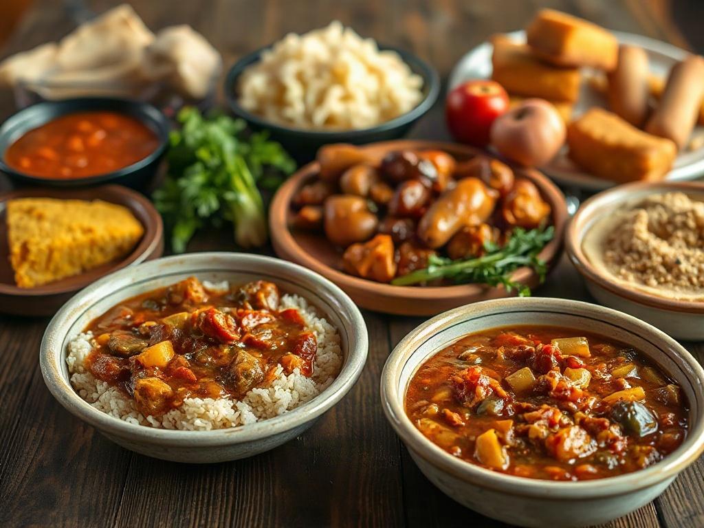 A close-up shot of various Southern dishes like gumbo and cornbread, beautifully arranged on a rustic wooden table. The warm and inviting colors reflect the comfort and tradition of Southern cuisine, with ingredients prominently displayed to emphasize freshness and flavor.