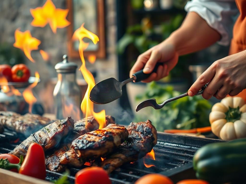 A close-up shot of a chef grilling meat over an open flame, surrounded by vibrant vegetables. The setting is outdoor with a rustic backdrop, emphasizing a live-fire cooking experience. The focus is on the sizzling meat and flames, showcasing the excitement of the cooking process.