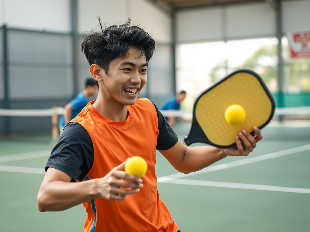 **AI Image Generation Prompt:**

Create a realistic, high-resolution photo that encapsulates the essence of pickleball as a trending sport in Vietnam. The composition should be simple and clear, focusing solely on one subject: a player engaging in an active pickleball match. 

The player should be a young Vietnamese athlete, demonstrating an expressive and dynamic pose while holding a pickleball paddle and a bright yellow pickleball. Their attire should be sporty, featuring vibrant colors to reflect energy 