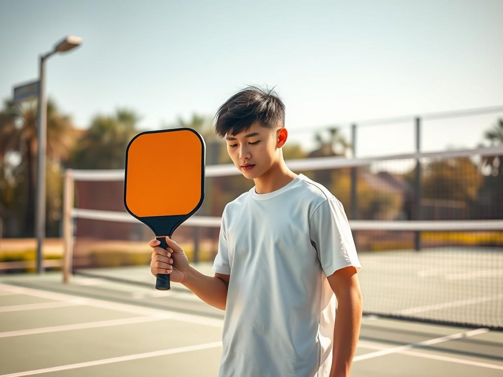 Create a highly realistic, high-resolution image that encapsulates the theme "Cách Chọn Vợt Pickleball Phù Hợp." The composition should be simple and focused, featuring only one subject: a person (a young adult male or female) standing in a well-lit outdoor setting, holding a pickleball paddle in one hand. The individual should display a thoughtful expression as they examine the paddle, embodying the concept of making an informed choice for beginners in pickleball.

In the background, include a blurred, sun