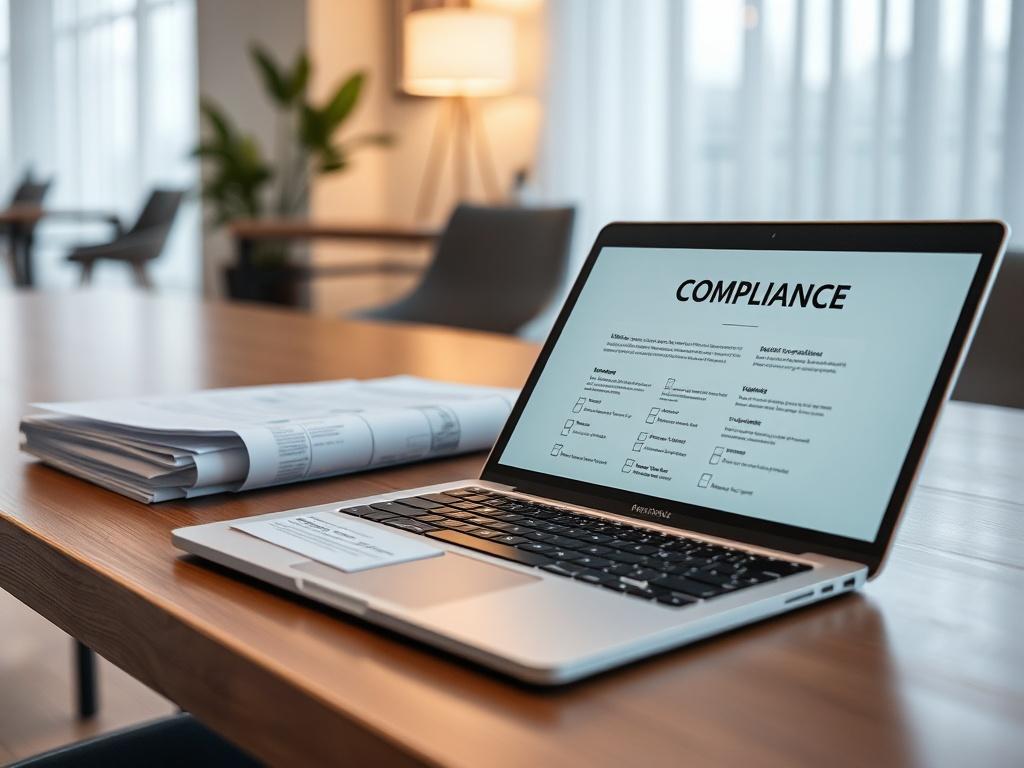 Wygeneruj fotorealistyczne, premium hero image do podstrony Compliance i certyfikaty dla firmy doradczej z sektora healthcare/MedTech. Kadr: nowoczesne, minimalistyczne biuro zarządcze lub sala konferencyjna; na stole elegancko ułożone dokumenty z widocznymi (ale nieczytelnymi) pieczęciami/certyfikatami, delikatna teczka z napisem COMPLIANCE (bez logo), obok laptop z otwartym ekranem pokazującym checklistę zgodności (tekst ma być nieczytelny), subtelny m.