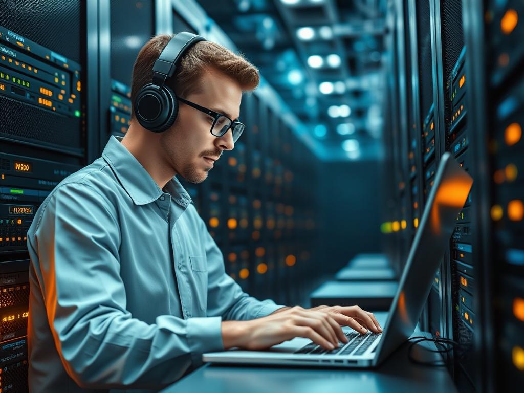A highly detailed image of an IT specialist working on a server in a modern data center. The specialist is focused, wearing headphones, and typing on a laptop. The background features rows of servers with blinking lights, creating a high-tech atmosphere. The lighting is cool and professional, emphasizing the technological environment.