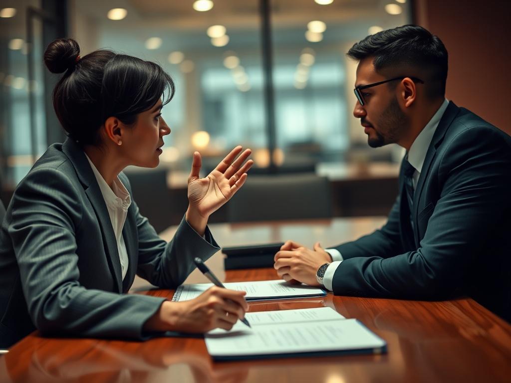 A close-up shot of a business negotiation scene. The focus is on two professionals at a conference table, engaging in a serious discussion. One person is gesturing with their hands, while the other is listening intently, taking notes. The background is softly blurred, emphasizing the intensity of the negotiation. The overall color tone should be warm, creating an inviting atmosphere, with a hint of green to match the brand's primary color.