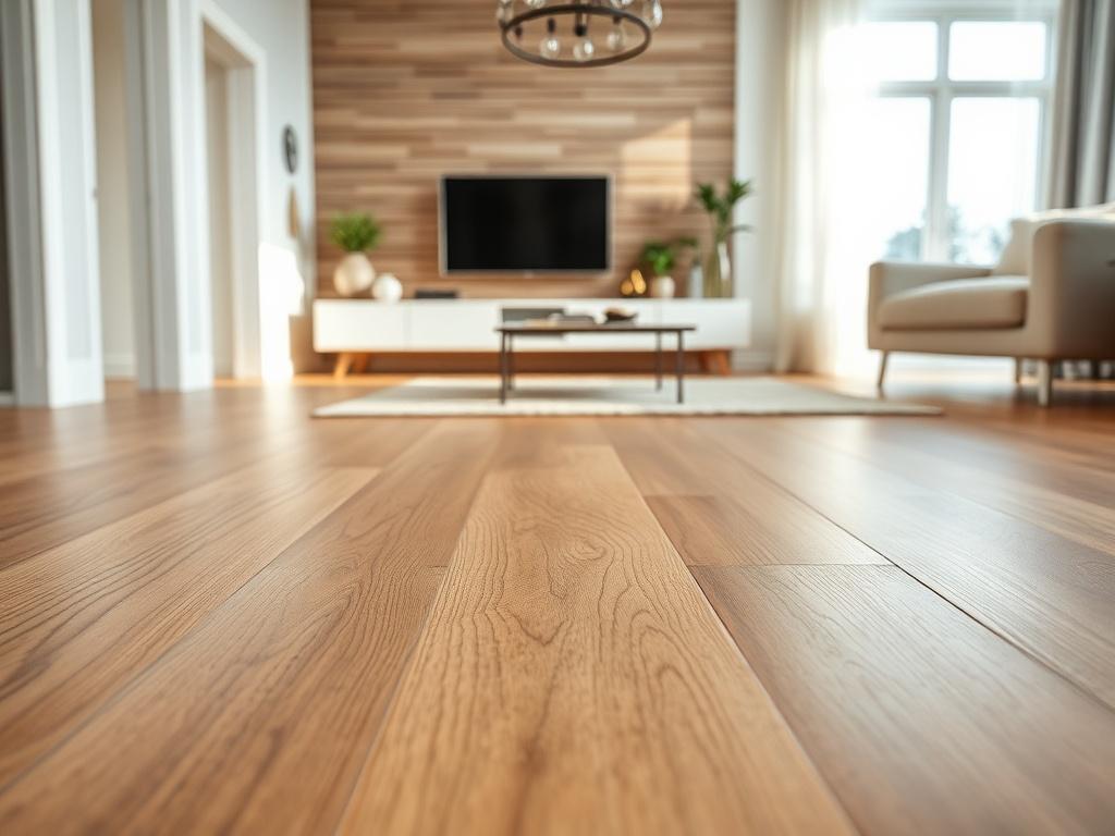 A high-resolution close-up shot of a beautifully installed luxury vinyl plank floor in a modern living room. The image captures the intricate details of the planks, showcasing their rich texture and color. The background features soft natural light illuminating the space, highlighting the seamless alignment of the flooring. The composition focuses solely on the floor, creating a clean and inviting atmosphere, perfect for showcasing quality craftsmanship.