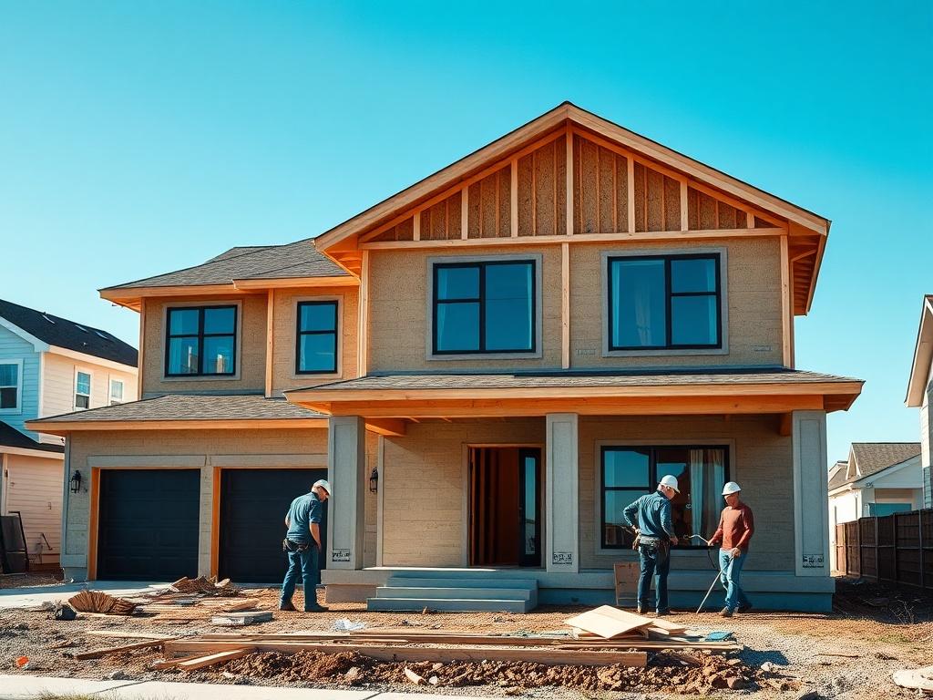 A high-resolution image of a modern new home under construction, showcasing the exterior structure and framing. The setting is a vibrant suburban neighborhood with clear blue skies in the background. The house has a contemporary design, featuring large windows and a spacious front porch. The image should highlight construction materials like wood and concrete, with construction workers in the foreground, actively working on the site. The focus is on the house itself, demonstrating craftsmanship and quality.