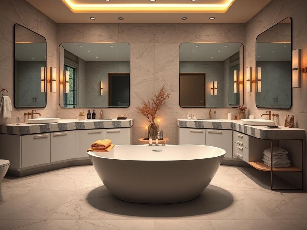 A sophisticated bathroom showcasing a luxurious design with a modern