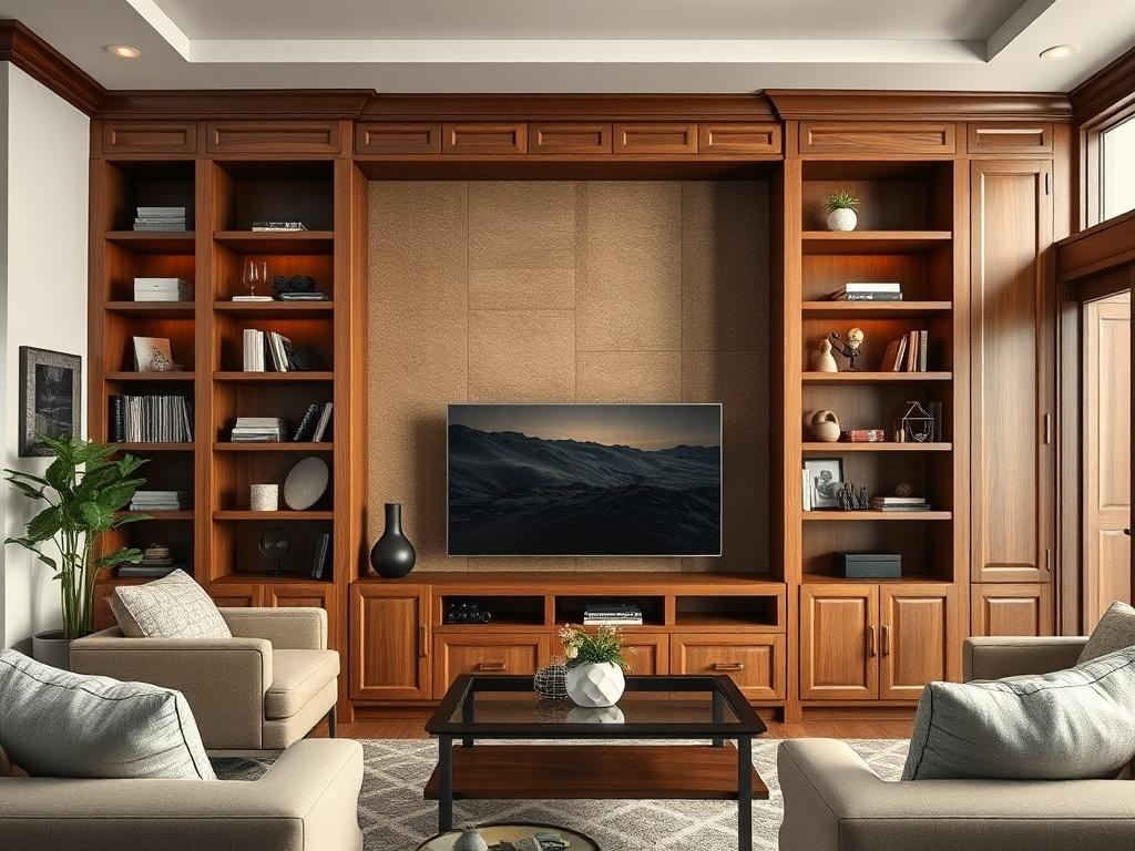 A beautifully designed living room featuring custom wood shelving and an entertainment unit, showcasing rich wood tones and intricate detailing. The space is inviting and warm, perfect for socializing. Shot with a 45mm f/1.2 lens for hyper-realistic clarity.