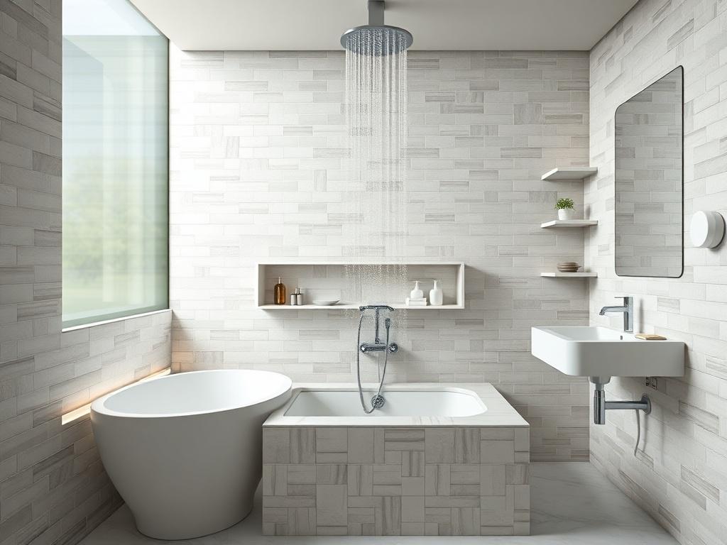 A luxurious bathroom featuring a soaking tub and rainfall showerhead, complemented by calming tile work in soft colors. The space is well-lit, showcasing built-in shelving and modern fixtures. Shot with a 45mm f/1.2 lens for hyper-realistic detail.
