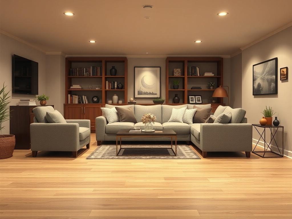 A beautifully finished basement interior showcasing a cozy family room. The image should include a comfortable sofa, stylish décor, and warm lighting, creating an inviting atmosphere. The walls should be painted in soft neutral tones, with finished flooring that highlights the space's functionality. The background should feature shelves with books and decorative items, emphasizing the room's usability. The composition should focus on the inviting seating area, shot with a 45mm f/1.2 lens for a close-up, hyp