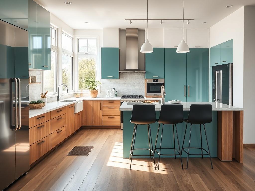 A hyper-realistic close-up shot of a modern kitchen featuring sleek cabinetry, high-end appliances, and stylish countertops. The composition focuses on a beautifully arranged kitchen island with contemporary bar stools, set against a backdrop of natural light pouring in through large windows. The color scheme includes shades of teal and white, with warm wood accents, creating a welcoming atmosphere. The image captures the essence of a functional yet aesthetically pleasing kitchen, ideal for everyday living.
