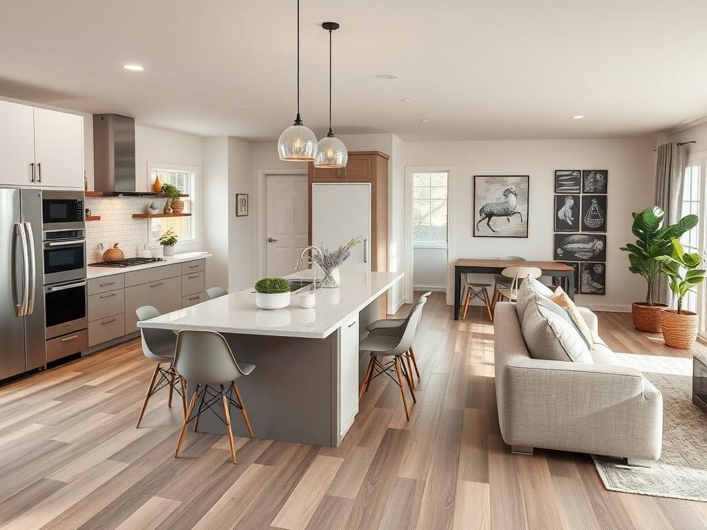 A beautifully remodeled open-concept living space of a 1950s ranch home, featuring a modern kitchen with sleek cabinetry and state-of-the-art appliances, premium luxury vinyl plank flooring throughout, and a bright, inviting atmosphere. The composition should focus on the kitchen area with a clear view of the dining and living areas, showcasing the flow of space. The background should reflect a warm and welcoming ambiance typical of a contemporary home.