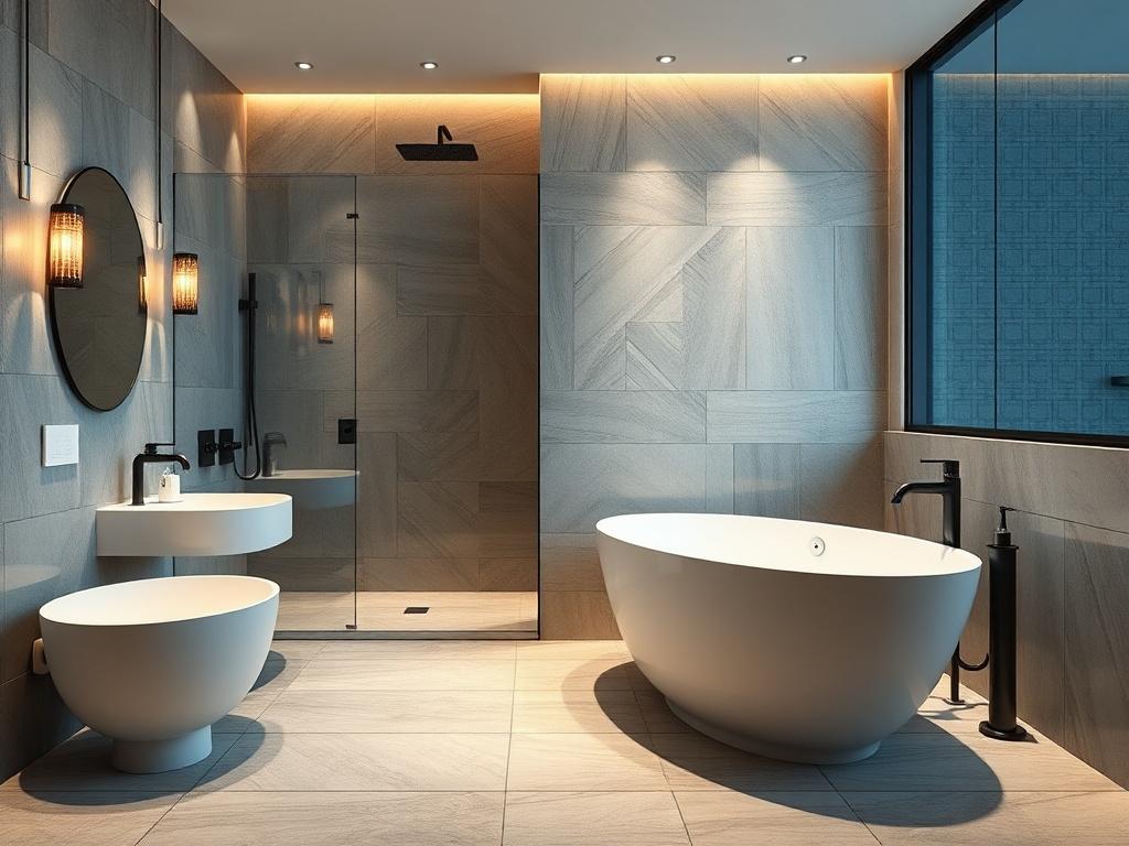 A luxurious modern bathroom featuring high-end tilework, a spacious walk-in shower, and elegant spa-quality finishes. The scene should include a stylish freestanding bathtub, sleek fixtures, and ambient lighting that creates a serene atmosphere. The focus is on showcasing the intricate details of the tilework and finishes, with a clean and minimalist composition, ensuring the bathroom appears inviting and sophisticated.
