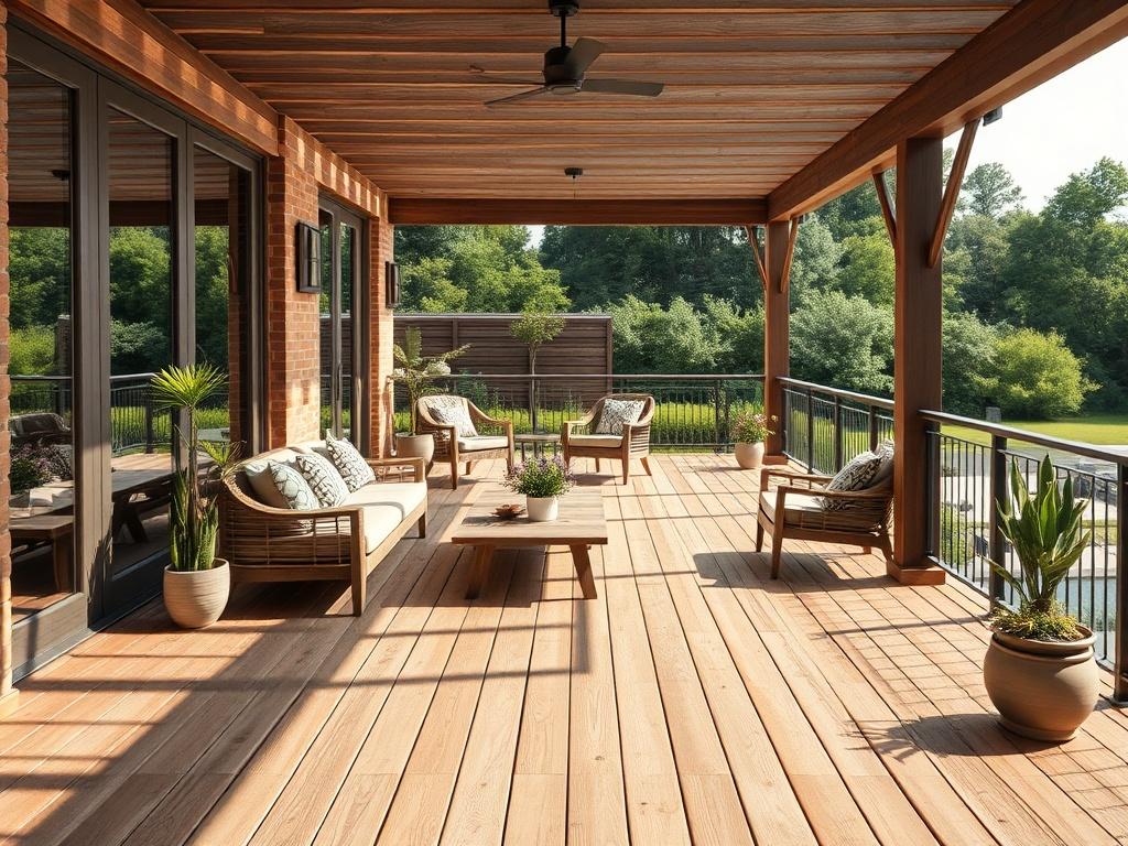 A luxurious wooden deck built in a serene outdoor setting, showcasing a blend of natural wood tones and elegant design. The deck includes stylish outdoor furniture, potted plants, and a stunning view of a lush garden or waterfront. The composition should highlight the craftsmanship of the deck, with a focus on the intricate details of the woodwork. The background should be softly blurred to emphasize the deck as the main subject, captured in bright, inviting natural light.
