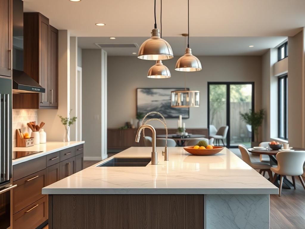 A beautifully remodeled kitchen showcasing modern design elements. The focus is on the kitchen island with sleek countertops, stylish cabinetry, and elegant lighting fixtures. The background features an open layout with a cozy dining area, emphasizing the seamless flow of the space. The color palette is warm and inviting, with natural light streaming in through large windows.