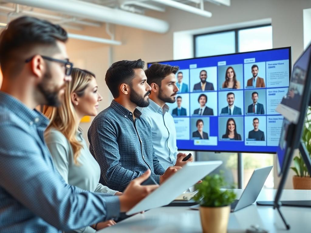 An image of a recruitment team collaborating in a bright