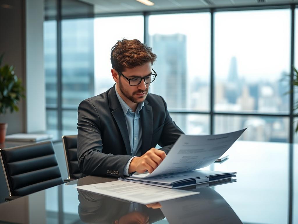 A focused shot of a recruitment expert reviewing resumes on