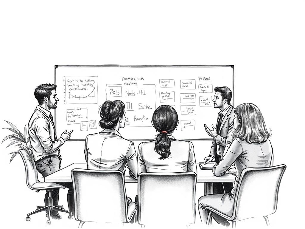 A high-quality charcoal illustration depicting a strategic meeting with a diverse group of professionals discussing ideas. The setting emphasizes collaboration, with a whiteboard filled with notes and strategies. The background should be minimalistic to highlight the interaction and engagement among the team members.