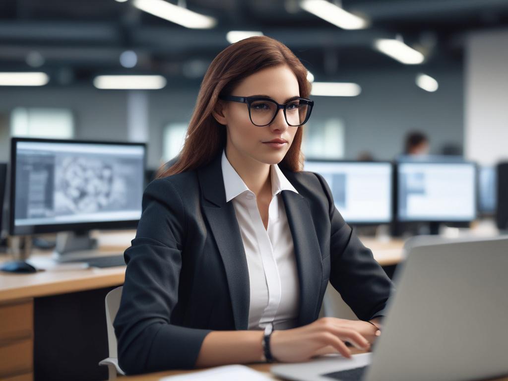 **AI Image Generation Prompt:**

Create a hyper-realistic high-resolution photo depicting a professional HR communications specialist in a modern office setting, focused on a laptop screen displaying employee engagement metrics. The subject, a confident and approachable person in business casual attire, should be centrally framed with a slight smile, embodying the role of a Subject Matter Expert. 

The background should feature soft-focus elements of a contemporary workspace, including plants and stylish of