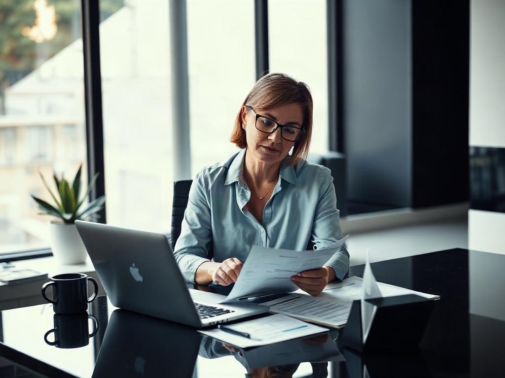 A professional consultant reviewing employee communication materials in a modern office setting. The consultant, a middle-aged woman with short hair, is seated at a sleek desk with a laptop open and various documents spread out. The background features a large window with bright natural light streaming in, casting deep shadows. The office decor is minimalistic, with a potted plant and a coffee mug on the desk. The overall mood is focused and professional, showcasing the consultant's dedication to delivering