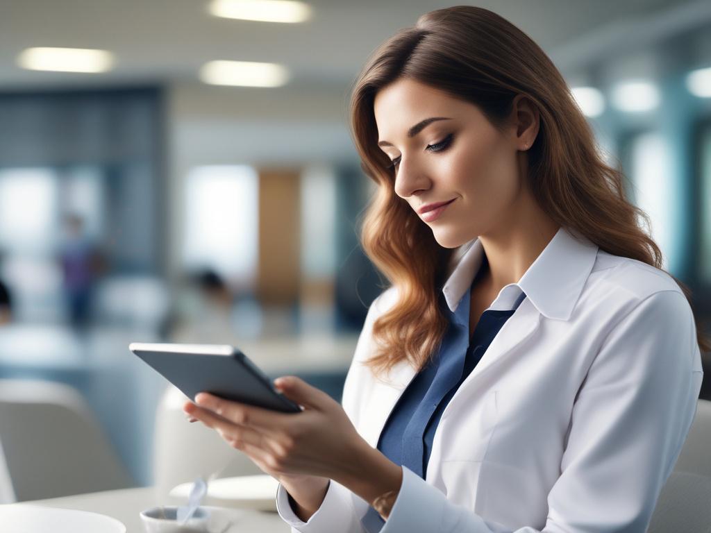 A close-up shot of a professional-looking employee interacting with a sleek, branded digital application on a tablet. The setting is modern and bright, with soft natural light illuminating the scene. The background includes subtle hints of an office environment, like a blurred desk and plants, while the focus remains on the employee's hand navigating the application. The color palette should harmonize with the primary color rgb(243, 153, 62), creating a warm and inviting atmosphere.