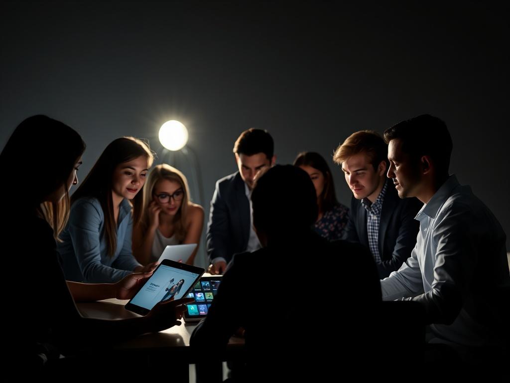 A high-contrast, bold image depicting a diverse group of employees engaged in a brainstorming session, surrounded by digital devices showcasing communication tools. The lighting should create deep shadows and striking contrasts, emphasizing the collaborative effort. The background should be simple and professional, reflecting a modern office environment.