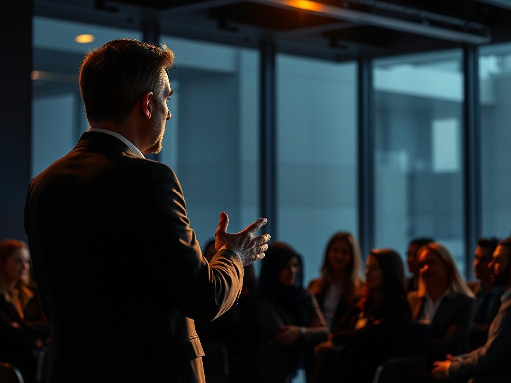 An inspiring image of a corporate leader addressing a group of employees in a modern setting. The lighting should create a dramatic effect with bold contrasts, emphasizing the leader's presence and authority. The background should be sleek and professional, enhancing the atmosphere of leadership and engagement.