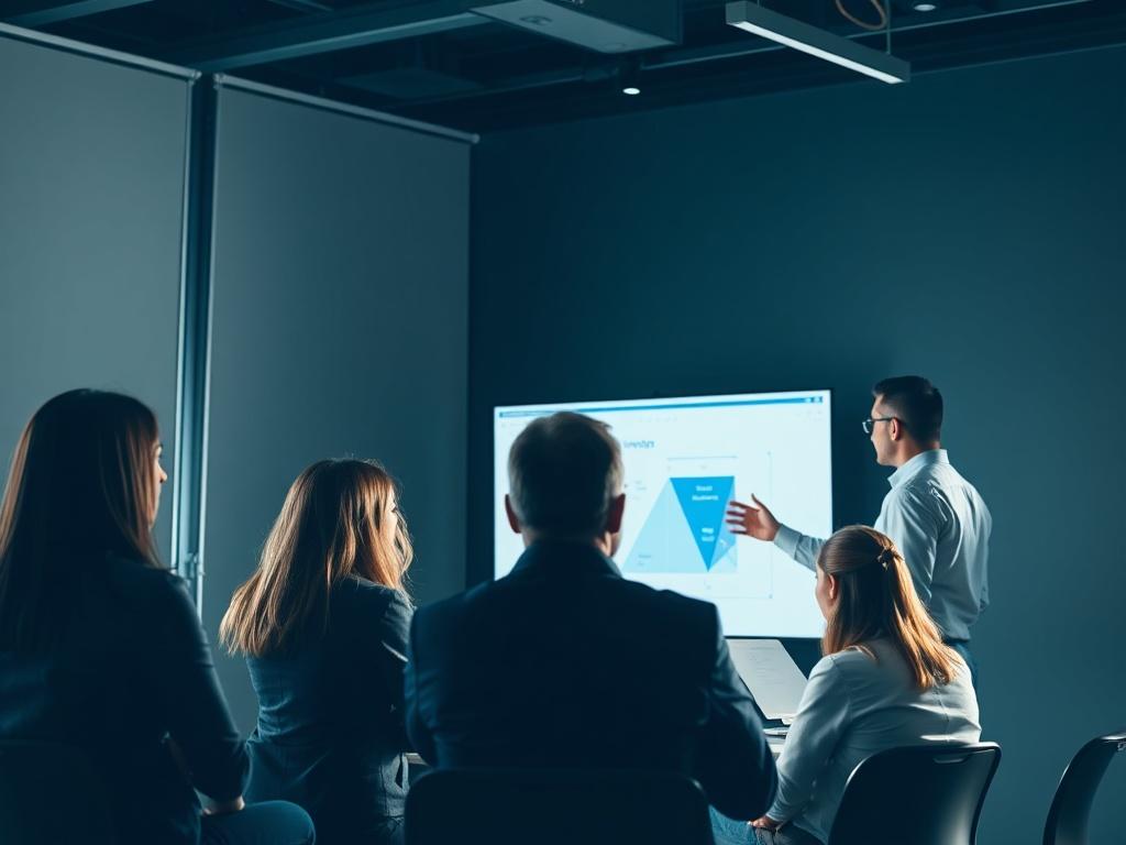 A realistic high-resolution photo of a professional consultant presenting a communication strategy to a team in a bright conference room. The image should have bold lighting with deep shadows, highlighting the interaction and engagement among team members. The background should be simple, focusing on the presentation materials and engaged audience.