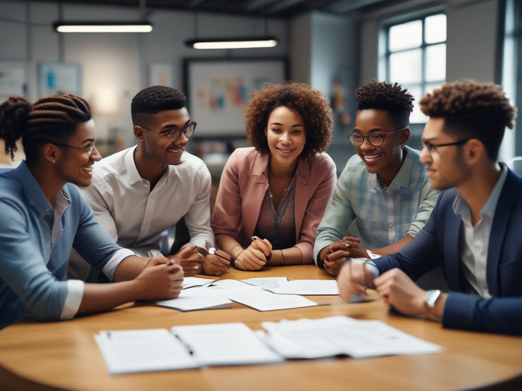 Create a hyper-realistic close-up shot of a diverse group of employees engaged in a vibrant brainstorming session at a modern office workspace. The focus should be on a single employee in the foreground—an enthusiastic woman with a bright smile, holding a marker, actively contributing ideas on a transparent whiteboard. The background should feature soft, blurred outlines of colleagues engaged in conversation, with colorful sticky notes and charts pinned on the walls, symbolizing collaboration and creativity