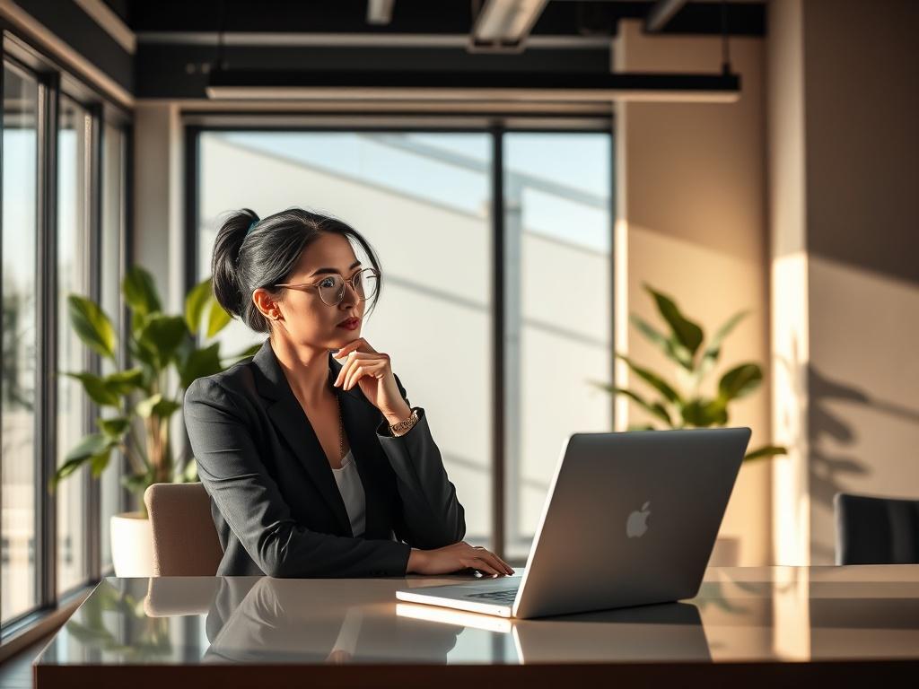 **Prompt for AI Image Generation:**

Create a realistic high-resolution photo that embodies the concept of "Strategy" in a business context. The image should feature a single subject: a confident businesswoman in her mid-30s, sitting at a sleek, modern desk with a laptop open in front of her. She is engaged in deep thought, with her chin resting on her hand and a thoughtful expression on her face. 

The background should be a well-lit, contemporary office space with large windows that allow natural light to