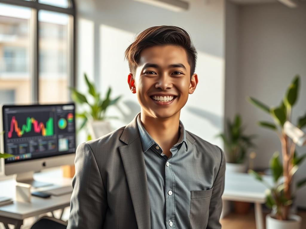 Create a realistic high-resolution photo featuring a single, happy employee in a modern office environment. The subject should be a young professional, smiling widely, with an expression of contentment and enthusiasm. They should be dressed in business casual attire, exuding confidence and positivity. The composition should be simple and clear, focusing solely on the employee, who is standing or sitting with a slight tilt of the head, showcasing their engagement and approachability.

The background should f